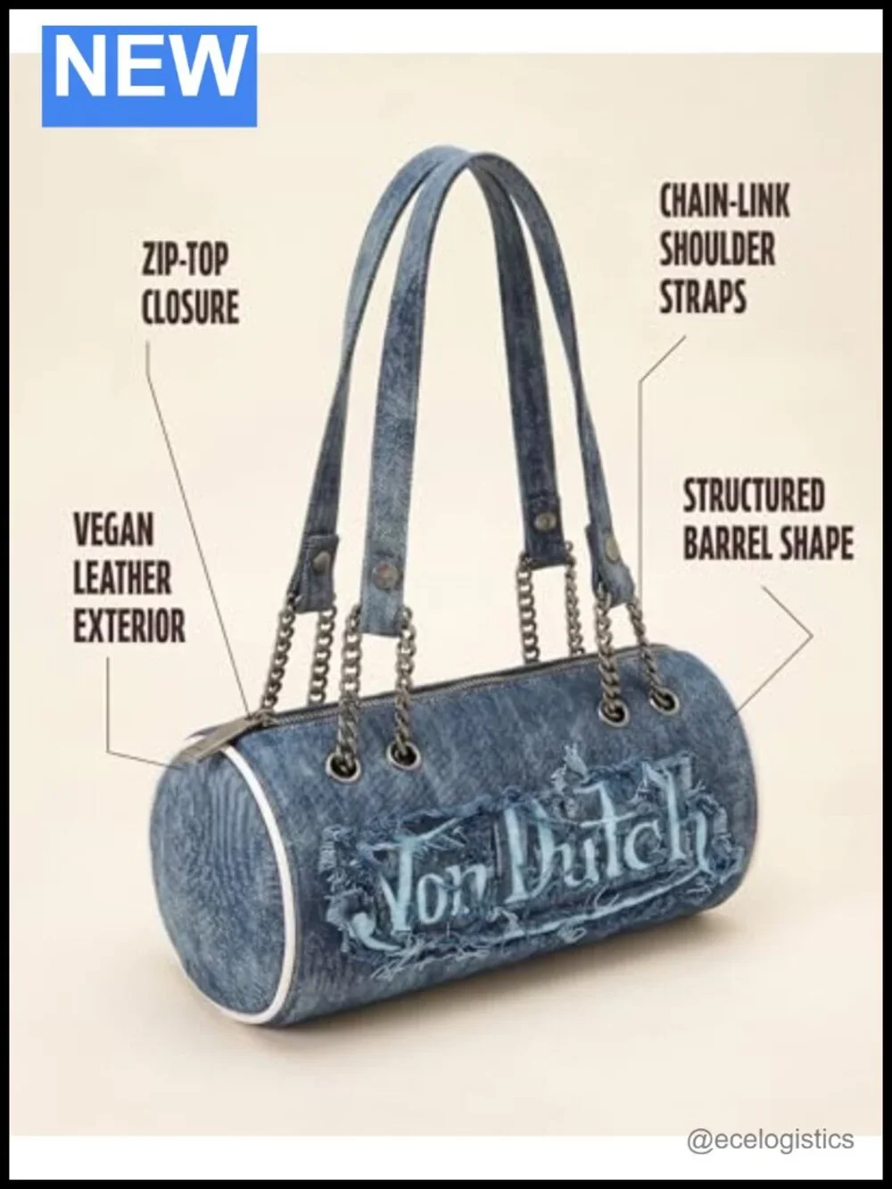 Von Dutch Vegan Leather Barrel Shoulder Bag with Double Straps
